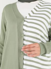 Green Almond - Stripe - V neck Collar - Acrylic - Triko - Cardigan