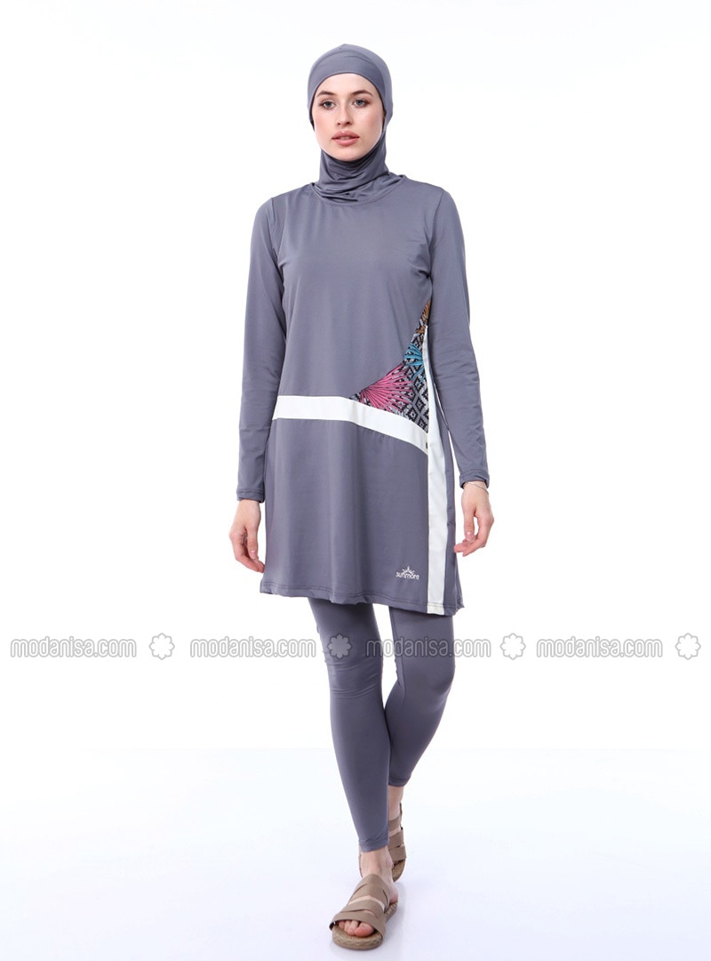 Gray - Fully Lined - Full Coverage Swimsuit Burkini