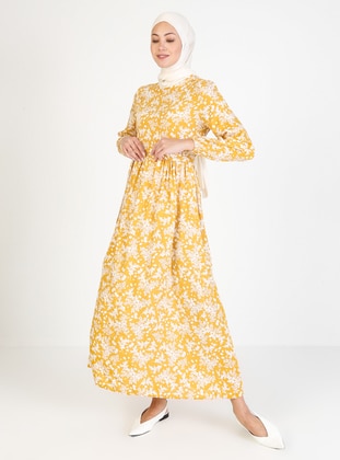 Mustard - Floral - Crew neck - Unlined - Viscose - Modest Dress - ECESUN