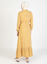 Mustard - Floral - Crew neck - Unlined - Viscose - Modest Dress