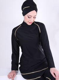 Black - Multi - Fully Lined - Full Coverage Swimsuit Burkini - Tesettür Mayo