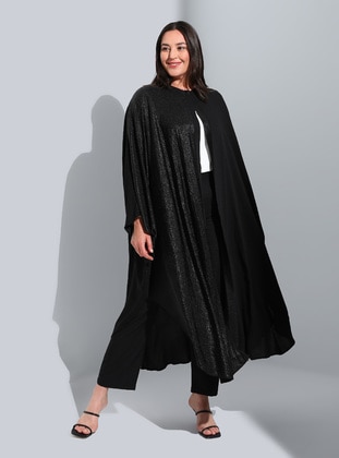Plus Size Glitter Detailed Evening Dress Abaya Black