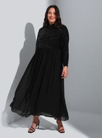 أسود - نسيج مبطن - قبة مدورة - فستان مقاس كبير