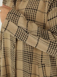 Mink Hooded Plaid Coat With Slit Detail