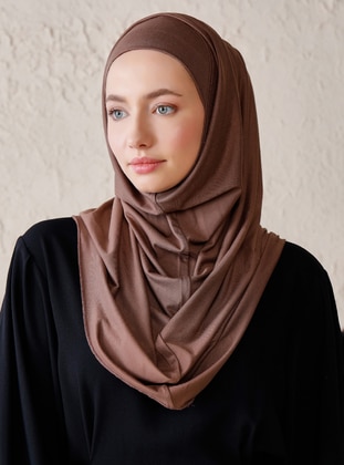 Brown - Plain - Instant Scarf - ŞALESS