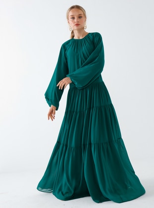Green - Crew neck - Fully Lined - Modest Dress - Mustafa Dikmen
