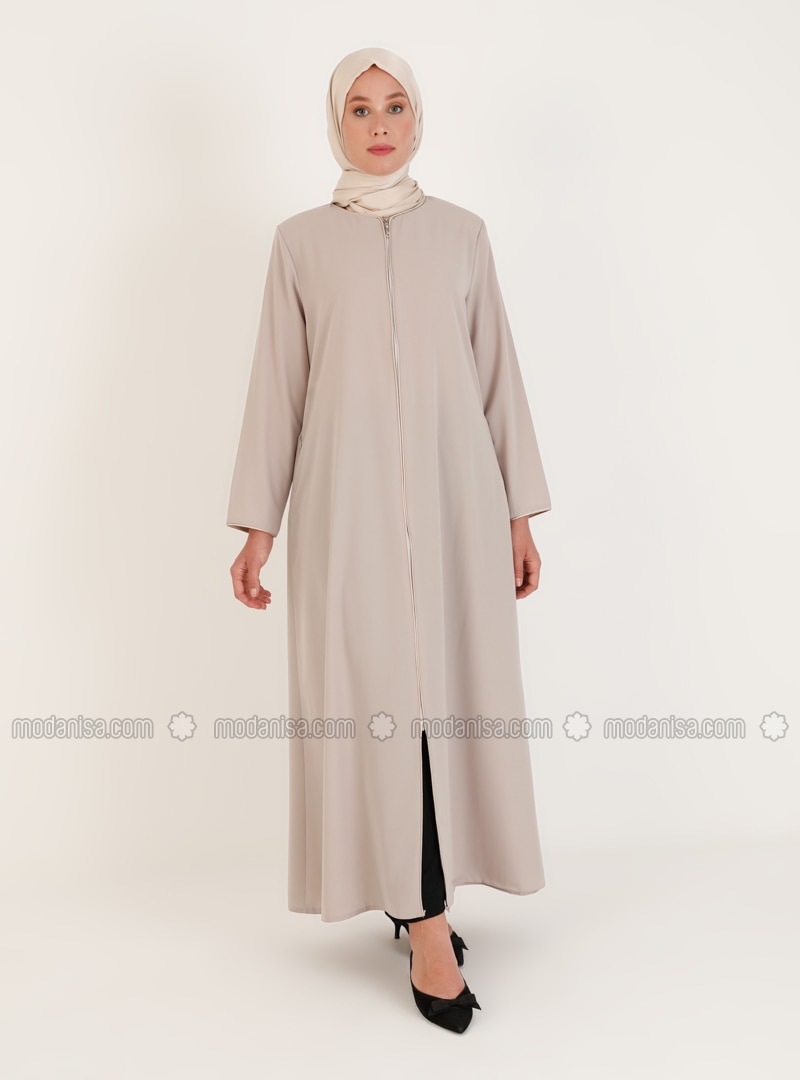 Beige - Crew neck - Unlined - Plus Size Abaya