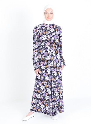 Lilac - Multi - Crew neck - Unlined - Modest Dress  - Bürün