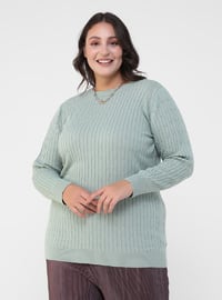 Sea-green - Crew neck - Plus Size Knit Tunics