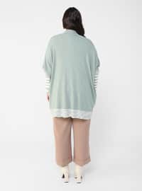 Ecru - Green - Stripe - Polo neck - Plus Size Knit Dresses