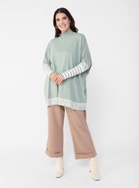 Ecru - Green - Stripe - Polo neck - Plus Size Knit Dresses