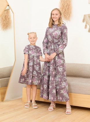 Floral - Round Collar - Purple - Cotton - Girls` Dress - Ceylan Otantik