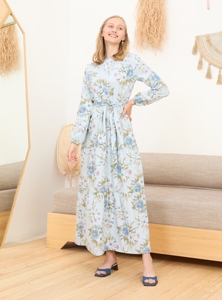 Blue - Floral - Polo neck - Unlined - Cotton - Modest Dress - Ceylan Otantik