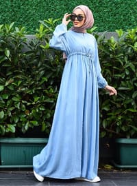 Tencell Modest Dress With Lace-Up Waist Blue