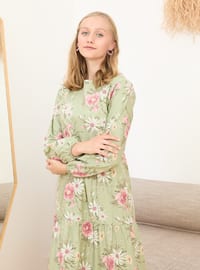 Green - Floral - Polo neck - Unlined - Cotton - Modest Dress