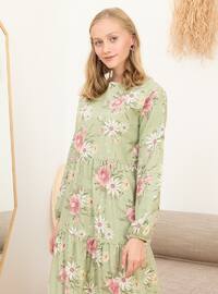 Green - Floral - Polo neck - Unlined - Cotton - Modest Dress