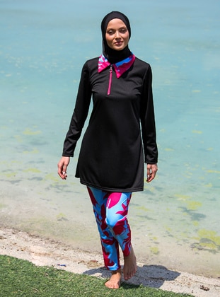 Black - Multi - Unlined - Full Coverage Swimsuit Burkini - Riva Mera