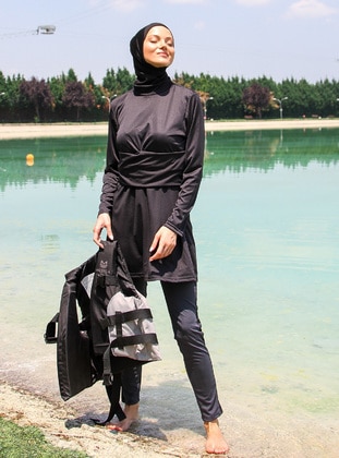 Black - Multi - Unlined - Full Coverage Swimsuit Burkini - Riva Mera