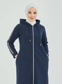 Front Zippered Hooded Abaya Navy Blue Coat