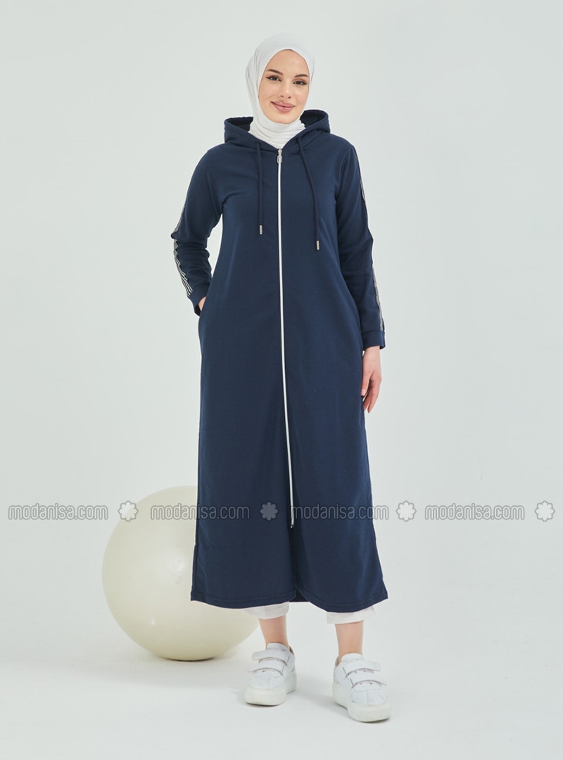 Front Zippered Hooded Abaya Navy Blue Coat