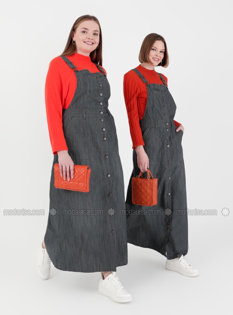 Gray - Denim - Skirt Overalls