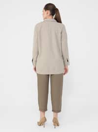 Beige - Point Collar - Unlined - Cotton - Plus Size Jacket