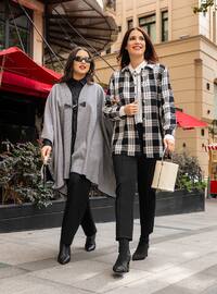 Gray - Black - Plaid - Point Collar - Unlined - Cotton - Wool Blend - Plus Size Jacket