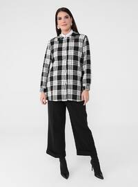 Gray - Black - Plaid - Point Collar - Unlined - Cotton - Wool Blend - Plus Size Jacket