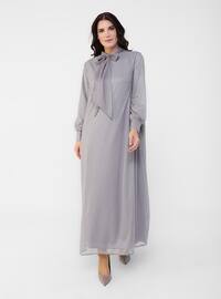 Gray - Fully Lined - Crew neck - Modest Plus Size Evening Dress