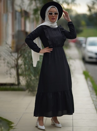 Chest Ruffle Long Modest Dress Black