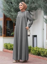 A Pile Detailed Modest Dress Gray