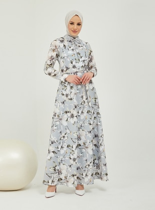 Gray - Gray - Floral - Fully Lined - Crew neck - Modest Evening Dress - Sew&Design