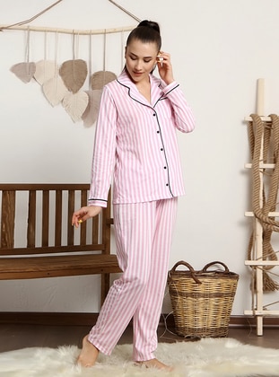 Pink - Shawl Collar - Stripe - Pyjama Set - Ladymina Pijama