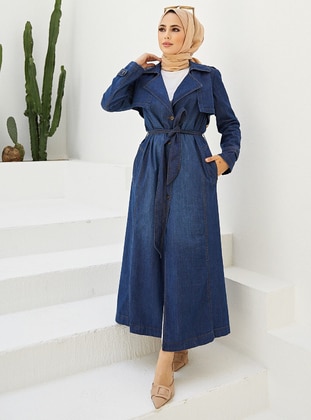 Dark Blue - Unlined - Double-Breasted - Denim - Trench Coat - Neways