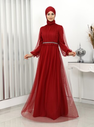 Red - Fully Lined - Crew neck - Modest Evening Dress - Surikka