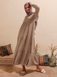 Modest Dress With Elastic Sleeve Ends Beige