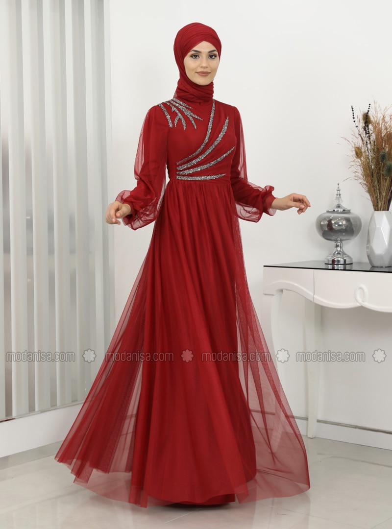 Red - Fully Lined - Crew neck - Modest Evening Dress