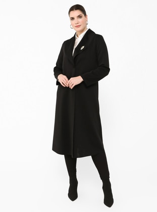 Black - Unlined - Shawl Collar - Plus Size Coat - Alia