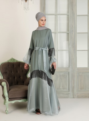 Turquoise - Fully Lined - Crew neck - Modest Evening Dress - Ziwoman