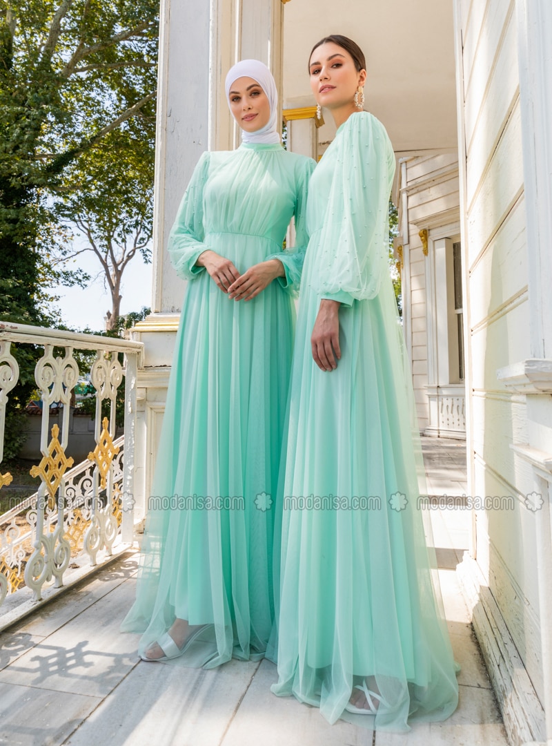 Sea-green - Fully Lined - Crew neck - Modest Evening Dress