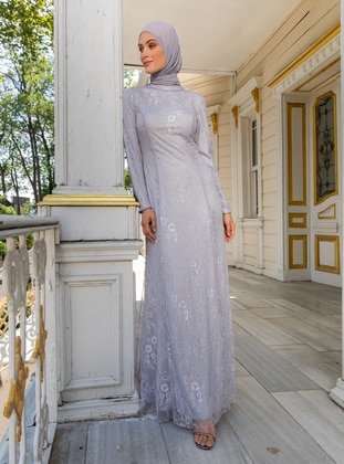 Gray - Fully Lined - Crew neck - Modest Evening Dress - Refka