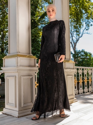 Black - Fully Lined - Crew neck - Modest Evening Dress - Refka