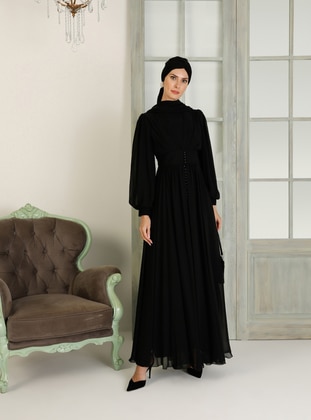 Black - Fully Lined - Crew neck - Modest Evening Dress - Amine Hüma