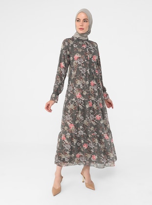 Salmon - Green - Floral - Crew neck - Fully Lined - Modest Dress - Refka
