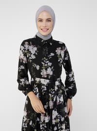 Beige - Black - Floral - Point Collar - Fully Lined - Modest Dress