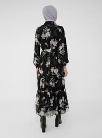 Beige - Black - Floral - Point Collar - Fully Lined - Modest Dress