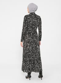White - Black - Floral - Point Collar - Unlined - Viscose - Modest Dress