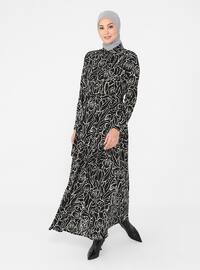 White - Black - Floral - Point Collar - Unlined - Viscose - Modest Dress