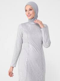 Gray - Fully Lined - Crew neck - Modest Evening Dress