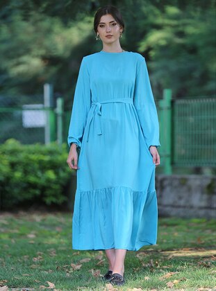 Turquoise - Crew neck - Unlined - Cotton - Modest Dress - SAFİANTE